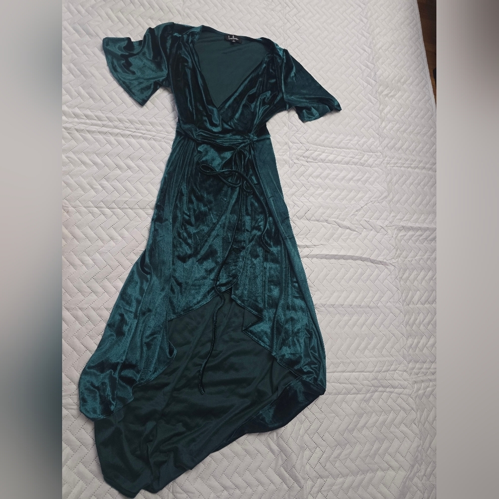 Lulus Amour Teal Green Velvet High-Low Wrap Dress - Picture 5 of 11